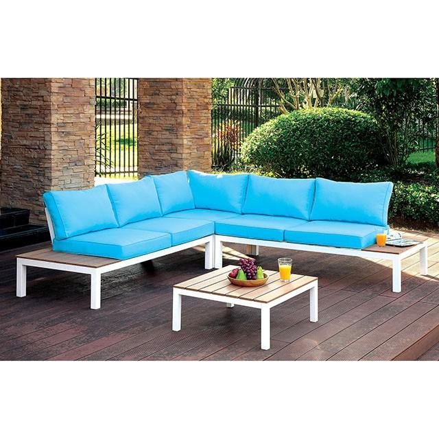 WINONA White/Oak/Blue Patio Sectional w/ Table - Image 2